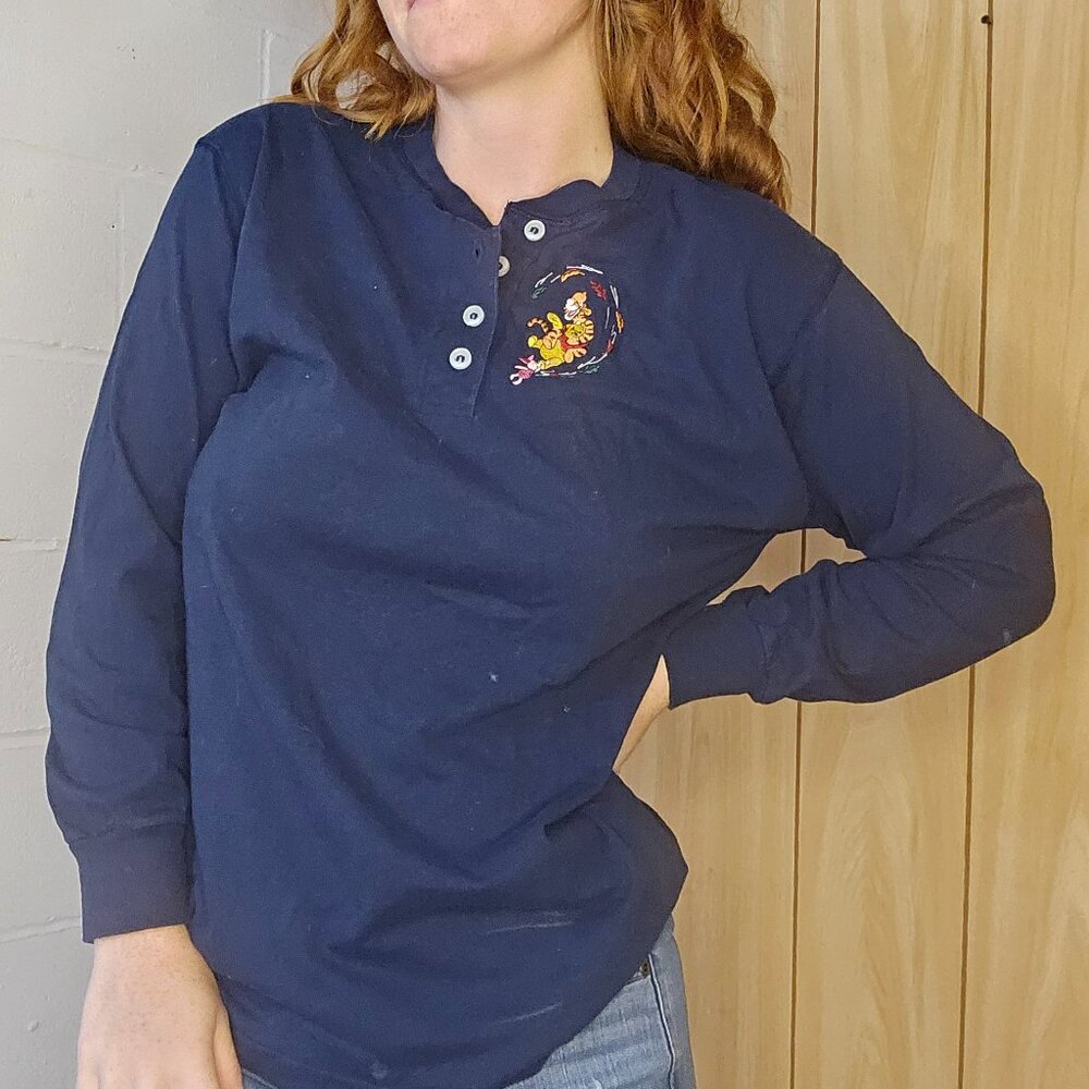 Y2k Teachercore Nostalgiacore Twee Winnie the Pooh Fall Henley Long Sleeve Tee